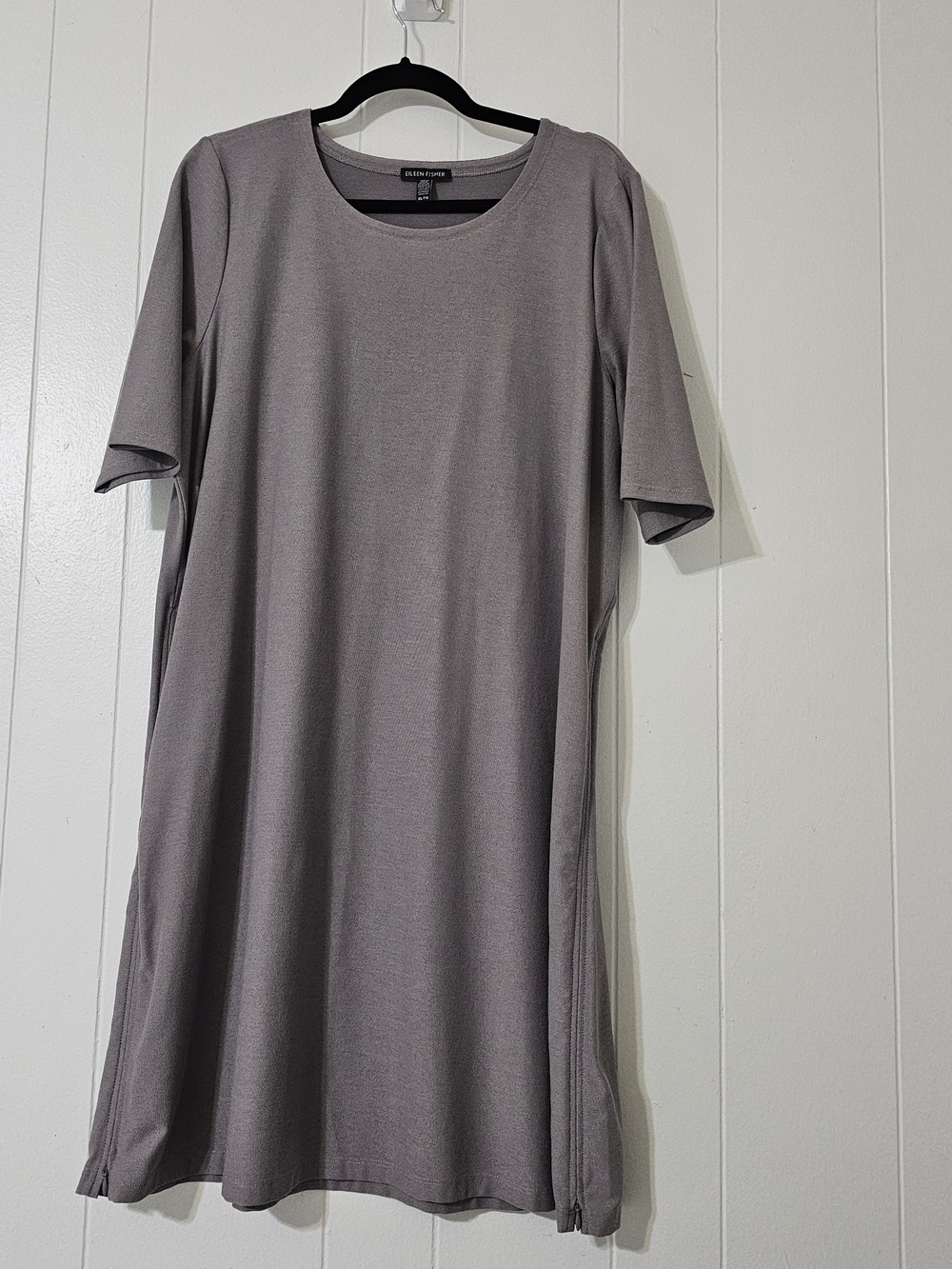Eileen Fisher XL Gray Tunic Dress Zip Side Slit Minimalist Stretch Knit